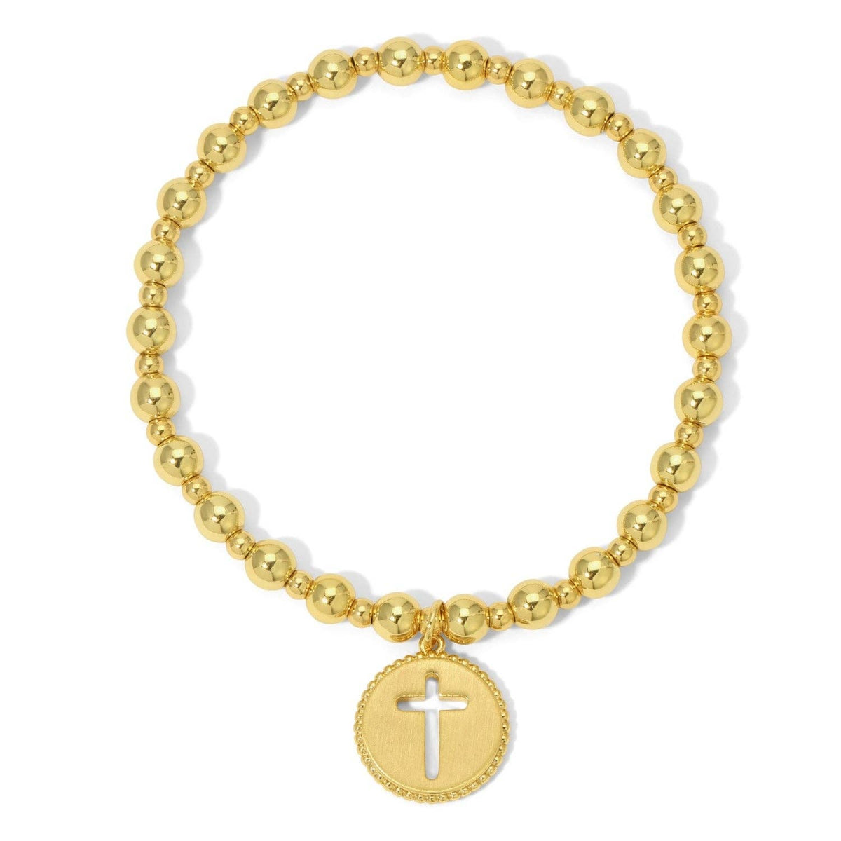Mellow Monkey gold beaded stretch bracelet featuring a round charm with a cut-out cross design.
