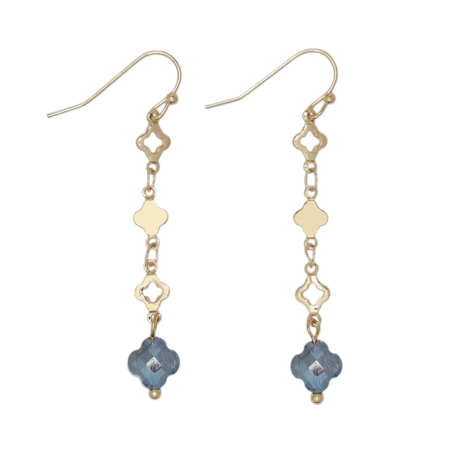 Mellow Monkey gold drop earrings featuring blue clover charms and delicate metal links for a coastal style.
