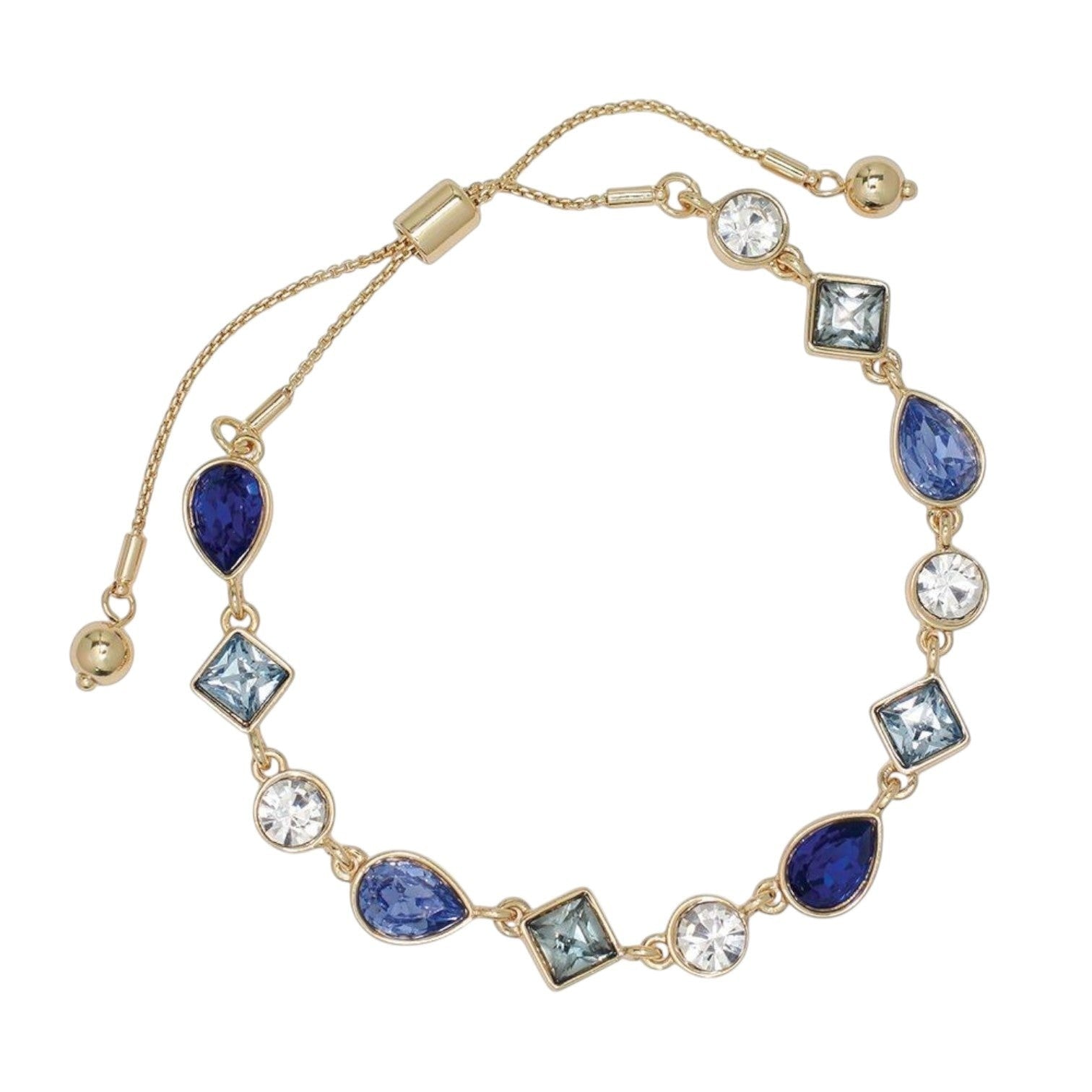 Mellow Monkey gold-tone bracelet featuring linked blue and clear crystals in teardrop and square shapes.