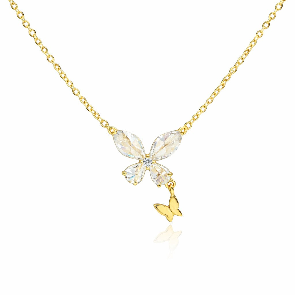Mellow Monkey 18k gold vermeil necklace with a clear crystal butterfly pendant and a small gold butterfly charm.