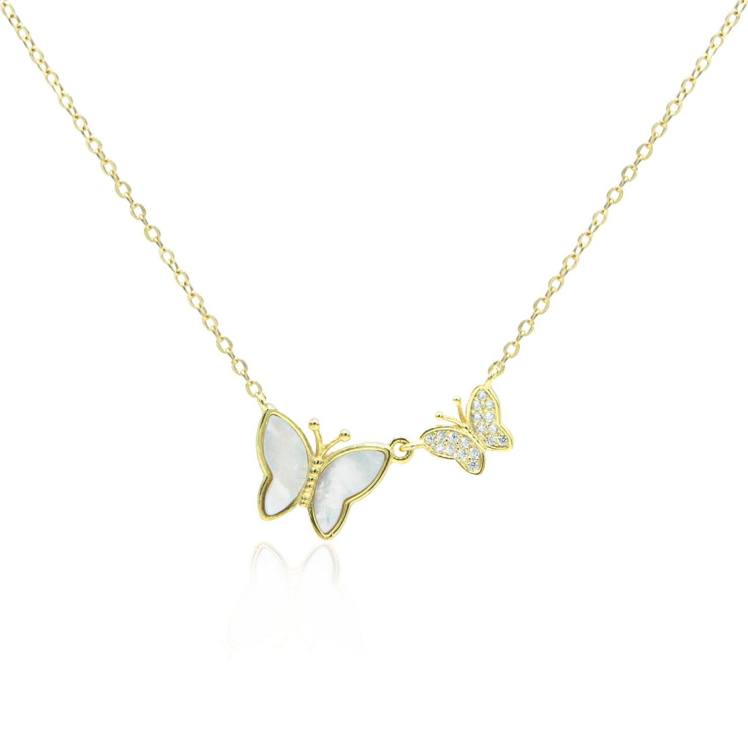 Mellow Monkey 18k gold vermeil necklace with two ivory mother-of-pearl butterflies, one larger and one smaller with cubic zirconia accents.