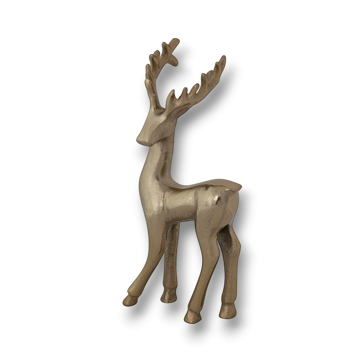 Mellow Monkey cast aluminum deer figurine with a warm, reflective gold finish standing in a graceful pose.