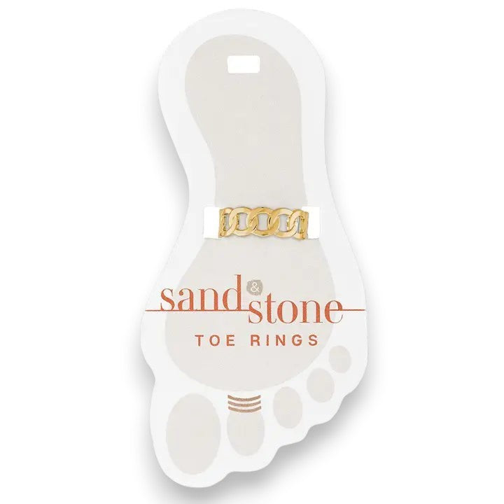Mellow Monkey gold chain link toe ring made of stainless steel. Adjustable and water-resistant.