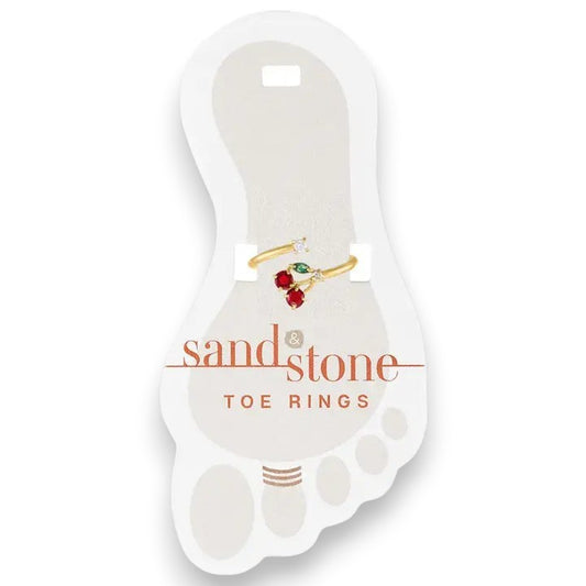 Mellow Monkey Gold Cherry toe ring with red cherry charms and clear crystal accent. Stainless steel, adjustable, water-resistant.