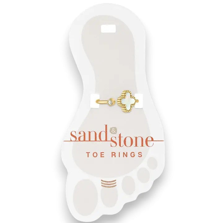 Mellow Monkey gold mini cubic zirconia and mother-of-pearl clover toe ring. Adjustable stainless steel band.