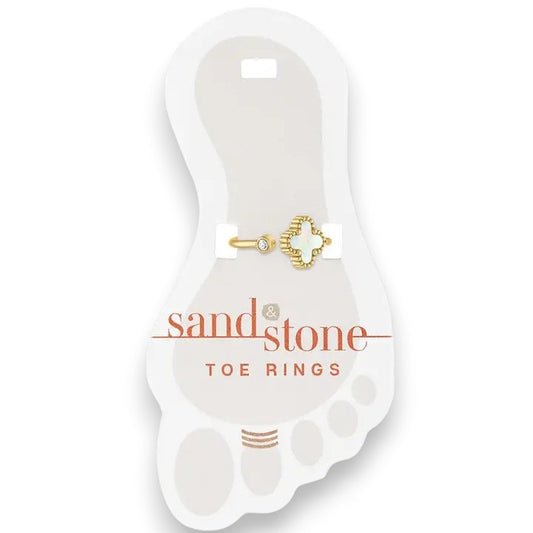 Mellow Monkey gold mini cubic zirconia and mother-of-pearl clover toe ring. Adjustable stainless steel band.
