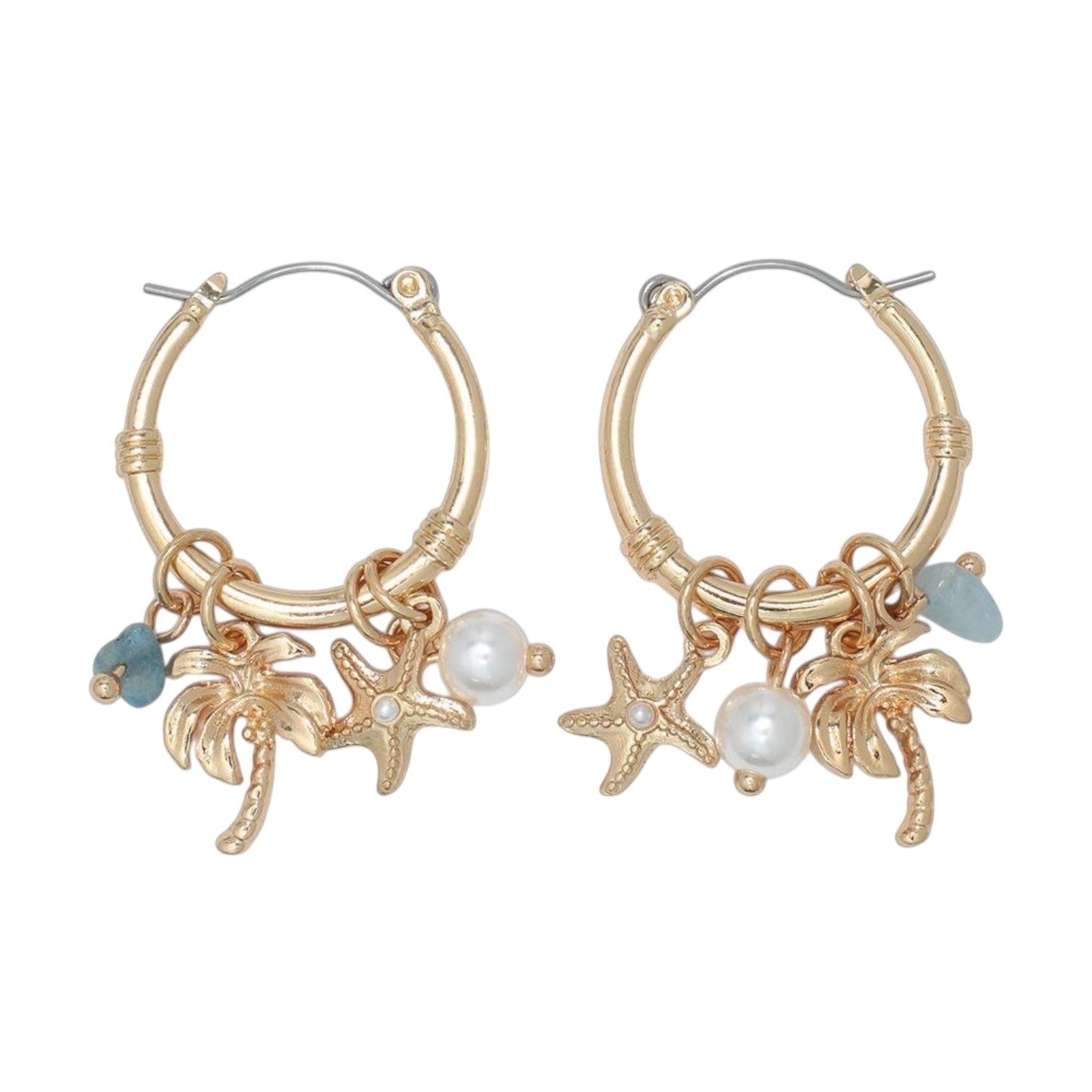 Mellow Monkey gold hoop earrings featuring coastal charms like palm trees, starfish, and pearls for a beachy style.