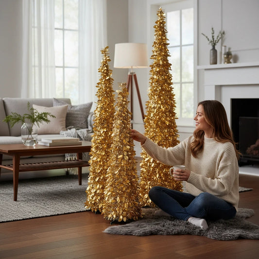 Mellow Monkey gold tinsel and holly collapsible artificial Christmas trees displayed in a cozy living room setting