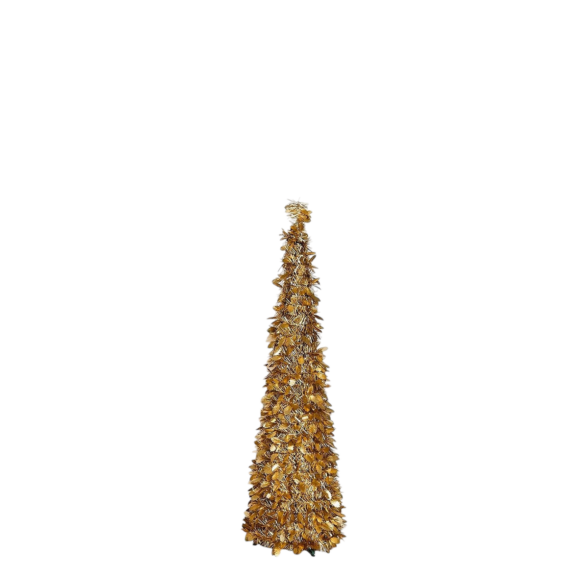 Mellow Monkey gold tinsel collapsible Christmas tree with holly accents for festive holiday home decor