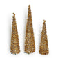 Mellow Monkey gold tinsel collapsible Christmas trees in three different heights with shimmering holly leaf accents.