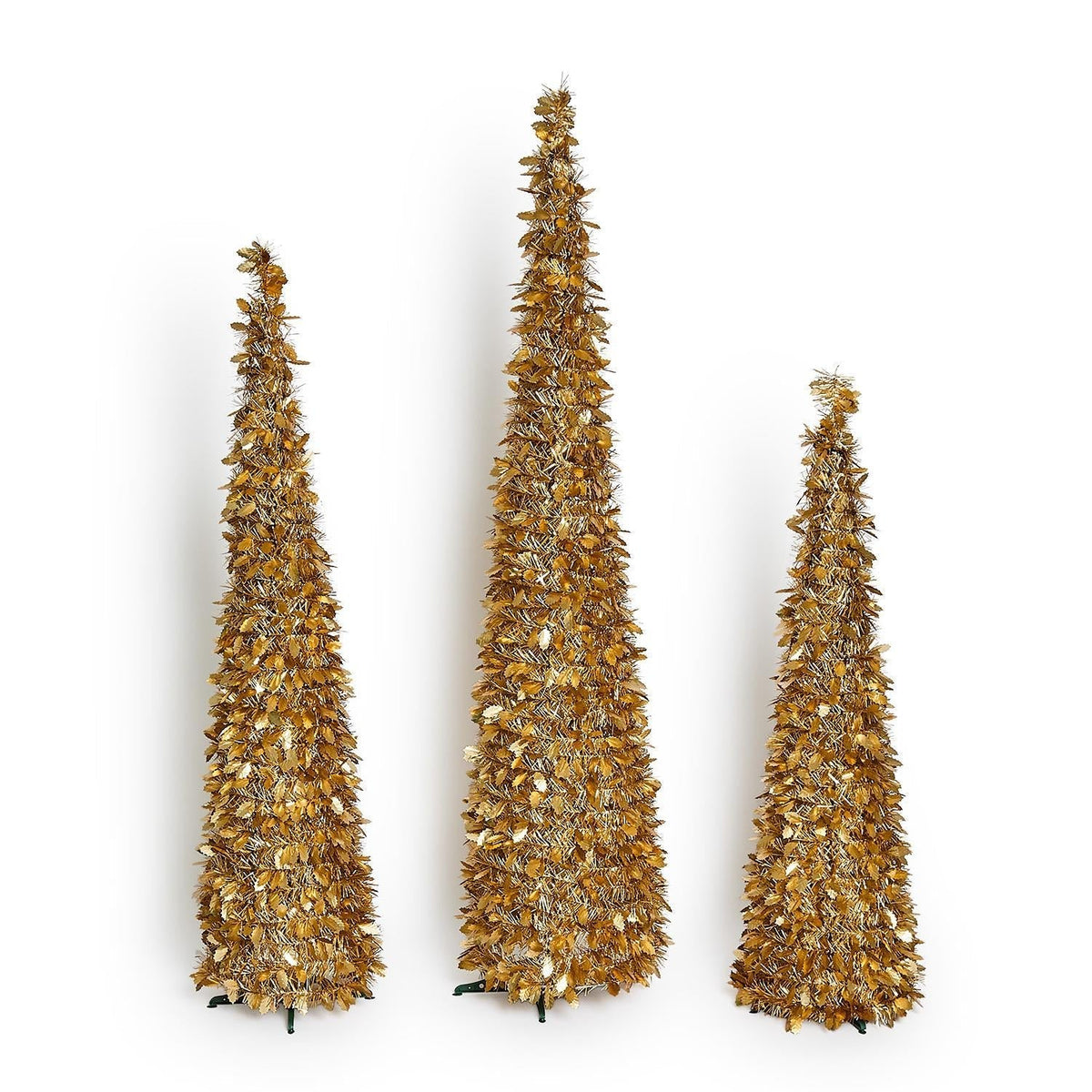 Mellow Monkey gold tinsel collapsible Christmas trees in three different heights with shimmering holly leaf accents.