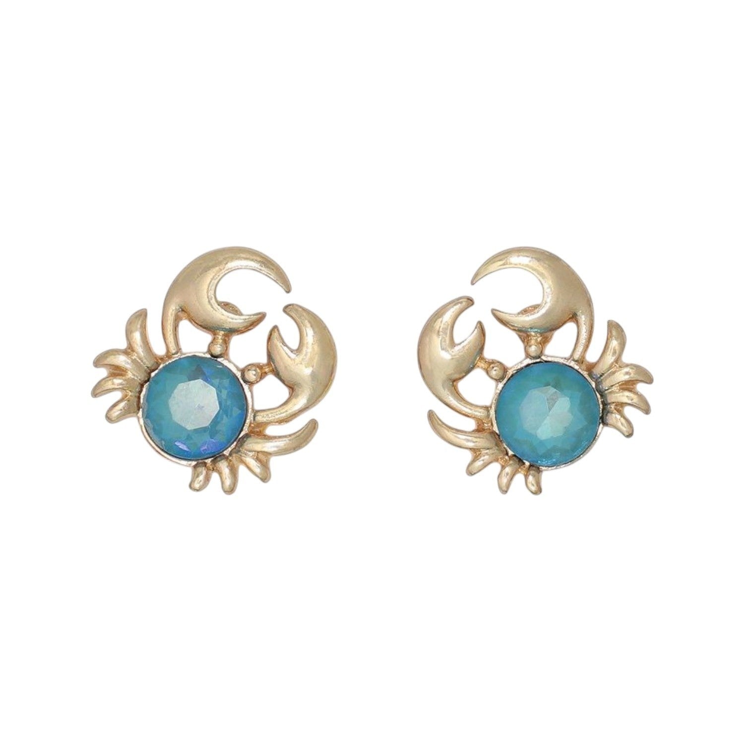 Mellow Monkey gold crab stud earrings featuring round aqua crystals for a coastal beachy style.