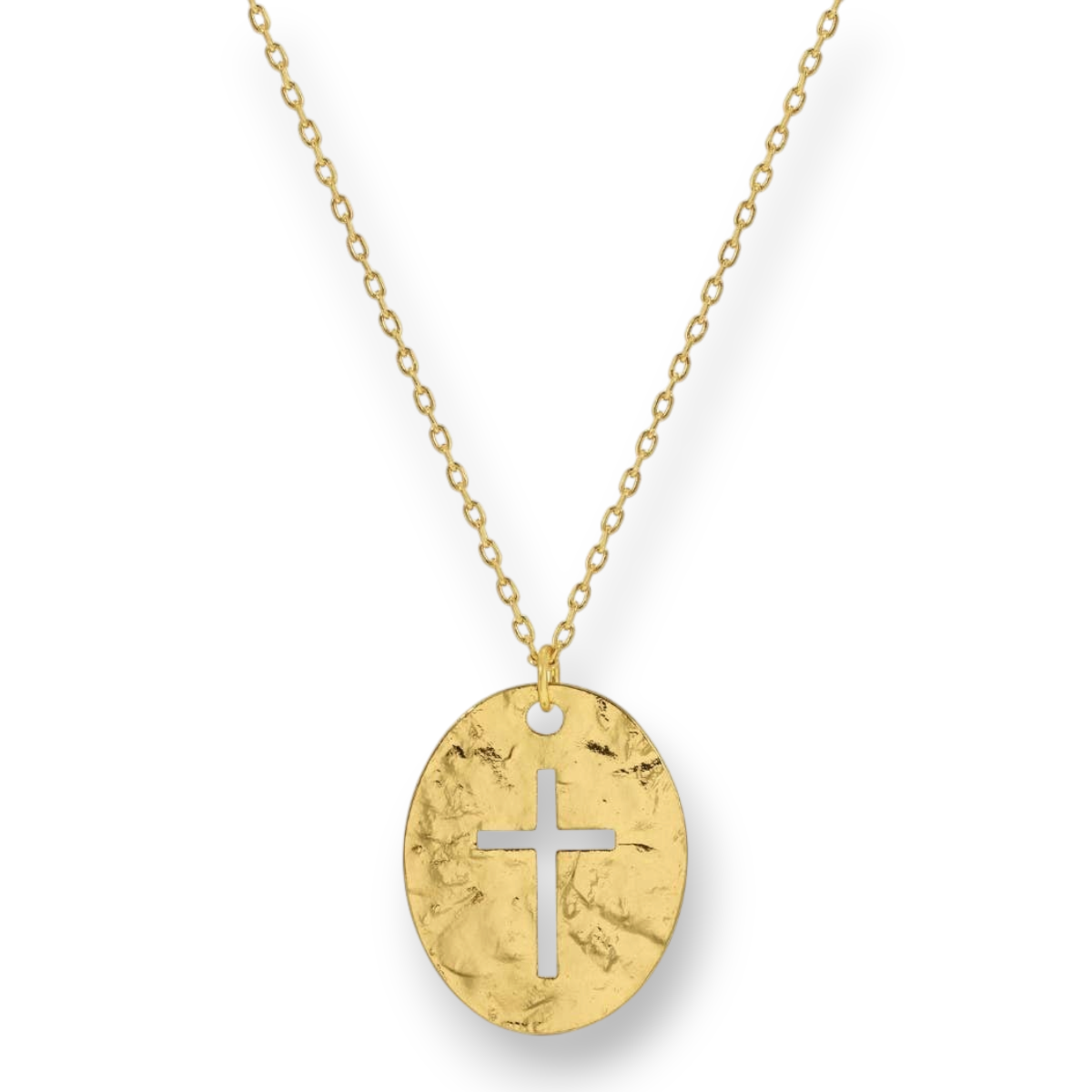 Mellow Monkey 18k gold-plated brass medallion necklace with a textured finish and a cross cut-out design