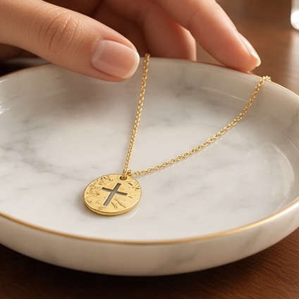 Mellow Monkey gold-plated medallion necklace with a cross cut-out design resting on a white marble trinket dish.