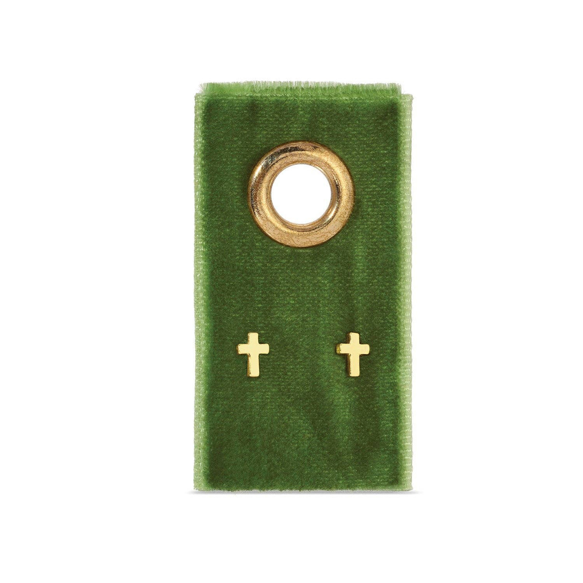 Mellow Monkey minimalist 18k gold cross stud earrings displayed on a small green velvet card
