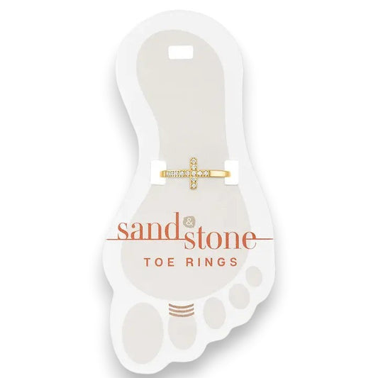 Mellow Monkey gold cubic zirconia cross toe ring on display card shaped like a foot. Water resistant stainless steel.