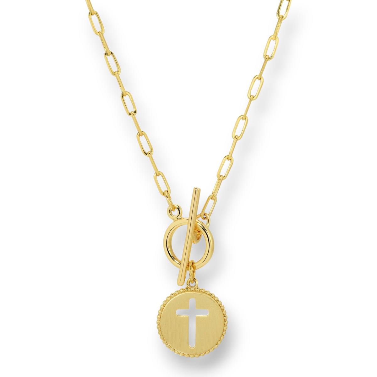 Mellow Monkey 18k gold paperclip chain necklace featuring a round cross pendant and a chic toggle clasp closure.