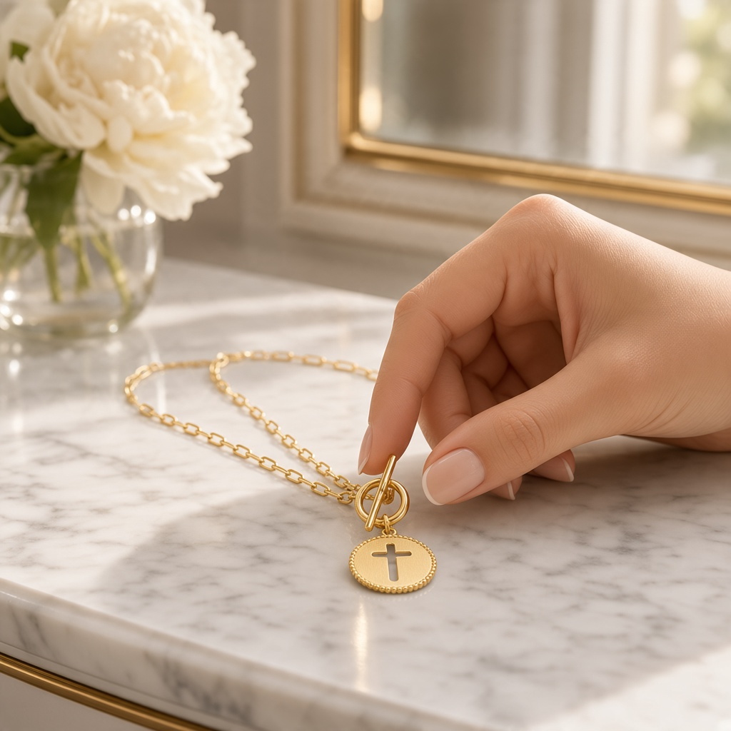 Mellow Monkey 18k gold paperclip chain necklace featuring a round cross pendant and a chic toggle clasp on marble