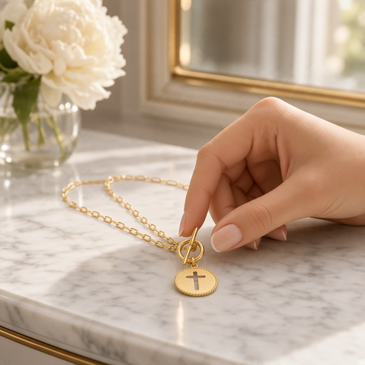 Mellow Monkey 18k gold paperclip chain necklace featuring a round cross pendant and a chic toggle clasp on marble