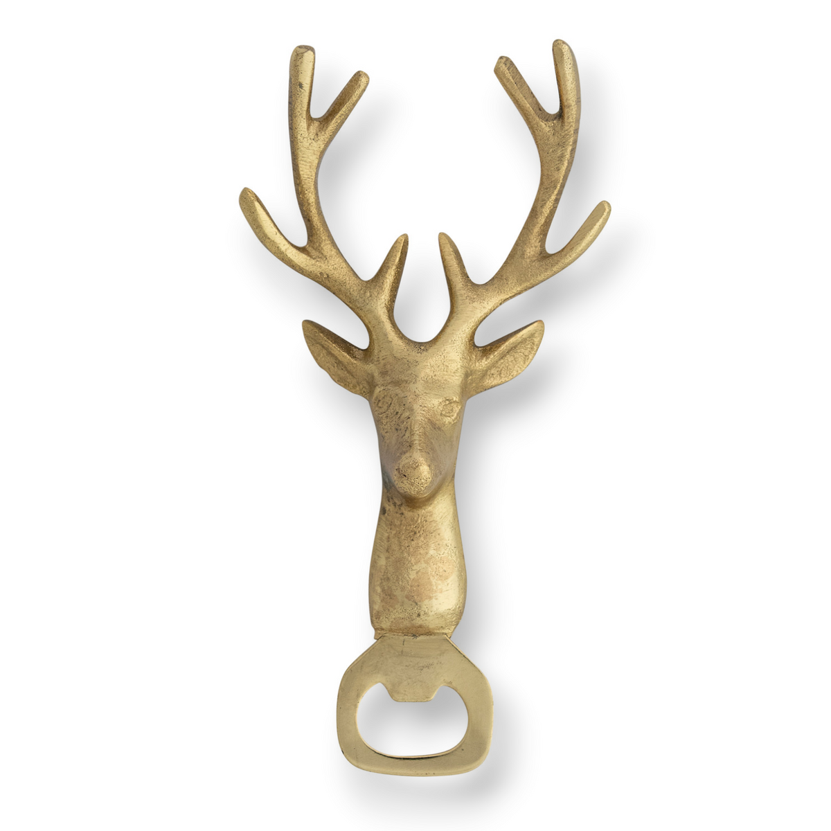 Mellow Monkey gold cast aluminum deer head bottle opener with textured antlers