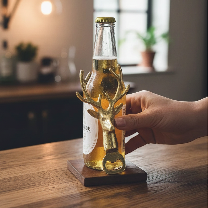 Mellow Monkey gold cast aluminum deer head bottle opener held against a beer bottle on a wooden counter