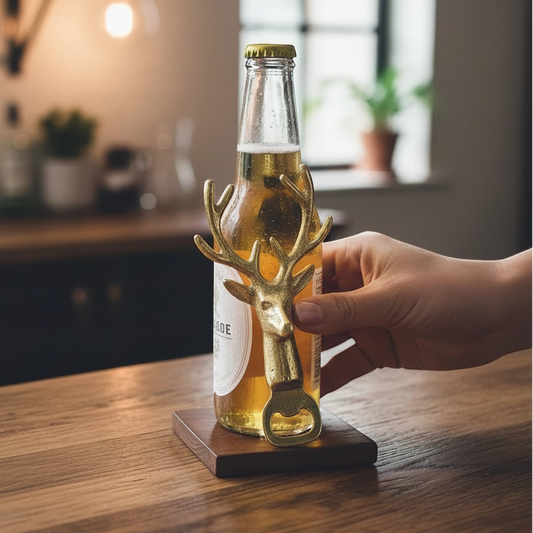 Mellow Monkey gold cast aluminum deer head bottle opener held against a beer bottle on a wooden counter