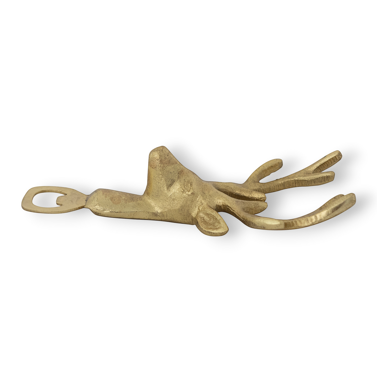 Mellow Monkey gold cast aluminum deer head bottle opener with textured antlers on a white background.