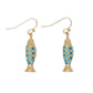 Mellow Monkey gold fish earrings with blue enamel scales, nickel and lead-free coastal jewelry for sensitive skin.