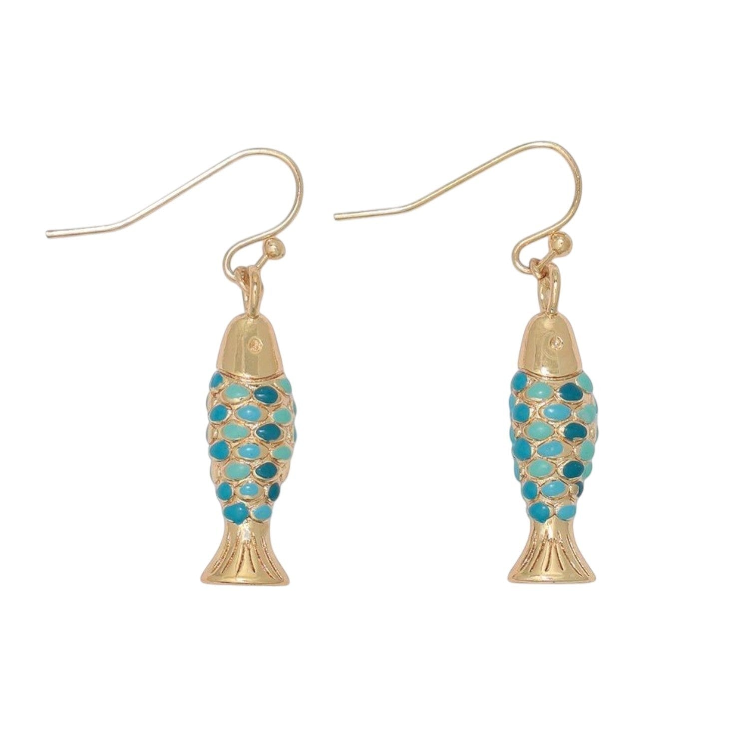 Mellow Monkey gold fish earrings with blue enamel scales, nickel and lead-free coastal jewelry for sensitive skin.