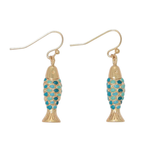Mellow Monkey gold fish earrings with blue enamel scales, nickel and lead-free coastal jewelry for sensitive skin.
