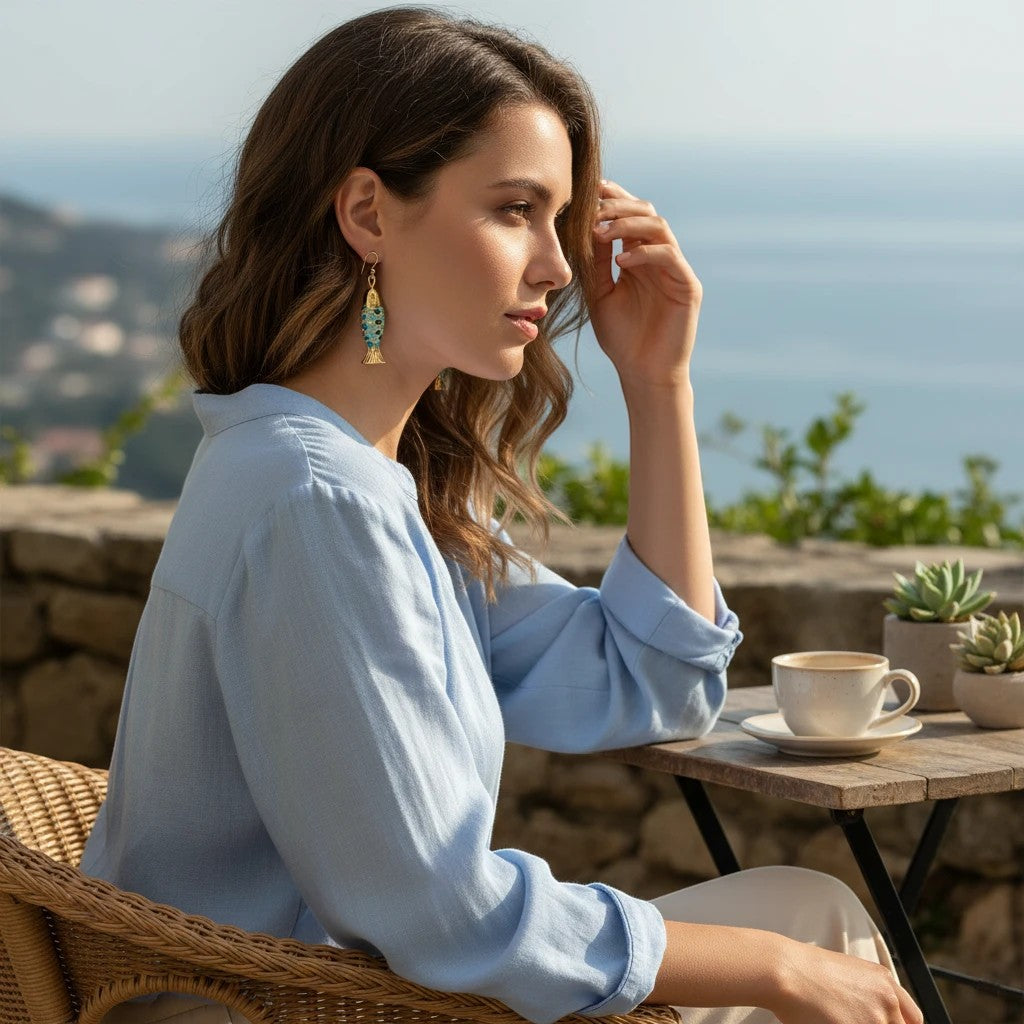 Mellow Monkey gold fish earrings with blue scales worn by a woman sitting at a seaside cafe table.