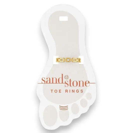 Mellow Monkey Sand and Stone gold geometric link toe ring made of stainless steel. Adjustable and water-resistant.