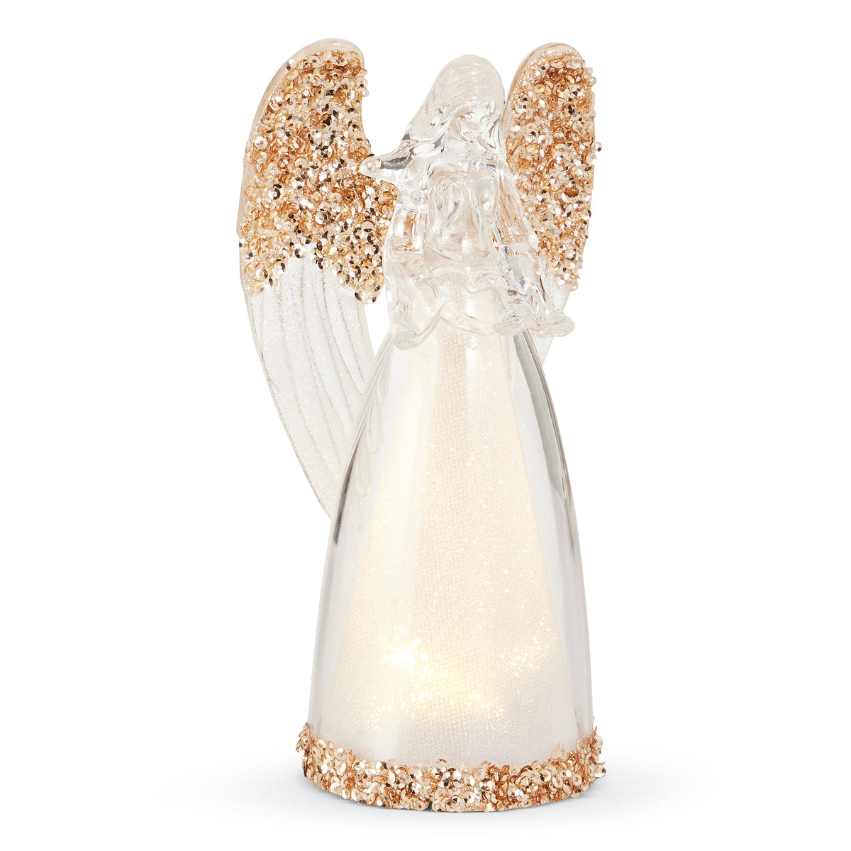 Mellow Monkey 7-inch gold glitter lighted angel figurine with a clear plastic body and glowing interior light