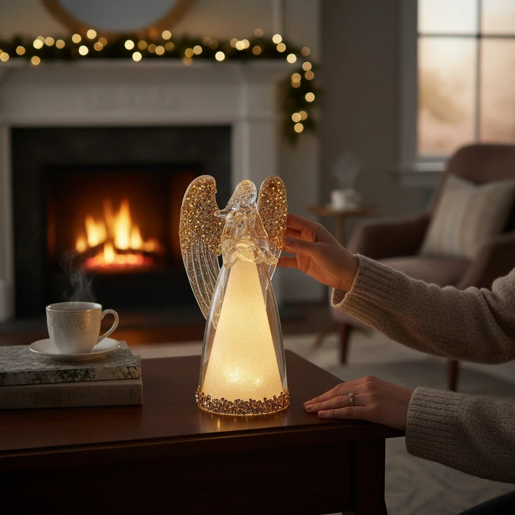 Mellow Monkey 7-inch gold glitter lighted angel figurine on a wooden table with a cozy fireplace background.