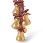 Mellow Monkey hanging holiday decor featuring five gold bells accented with festive red and green tartan ribbon bows.