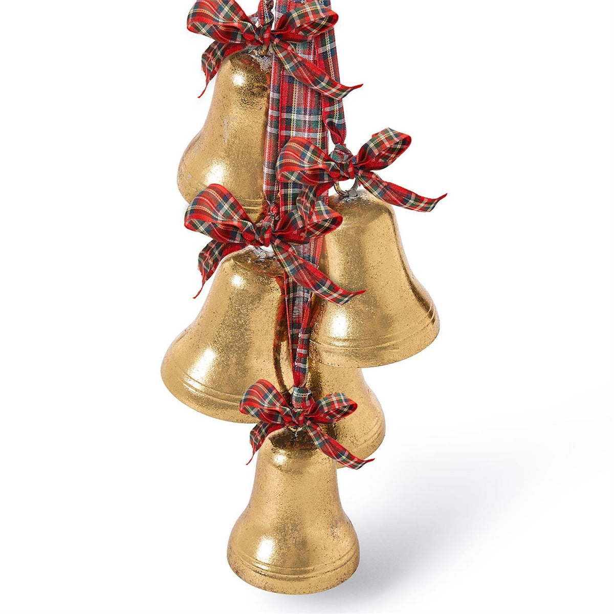 Mellow Monkey hanging holiday decor featuring five gold bells accented with festive red and green tartan ribbon bows.