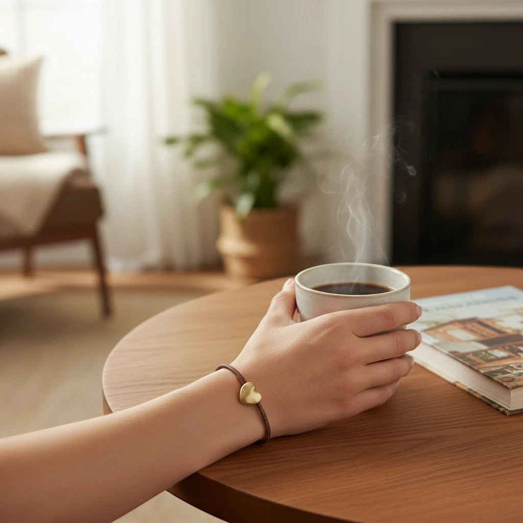 Mellow Monkey gold heart charm bracelet on a brown cord worn on a wrist holding a steaming cup of coffee