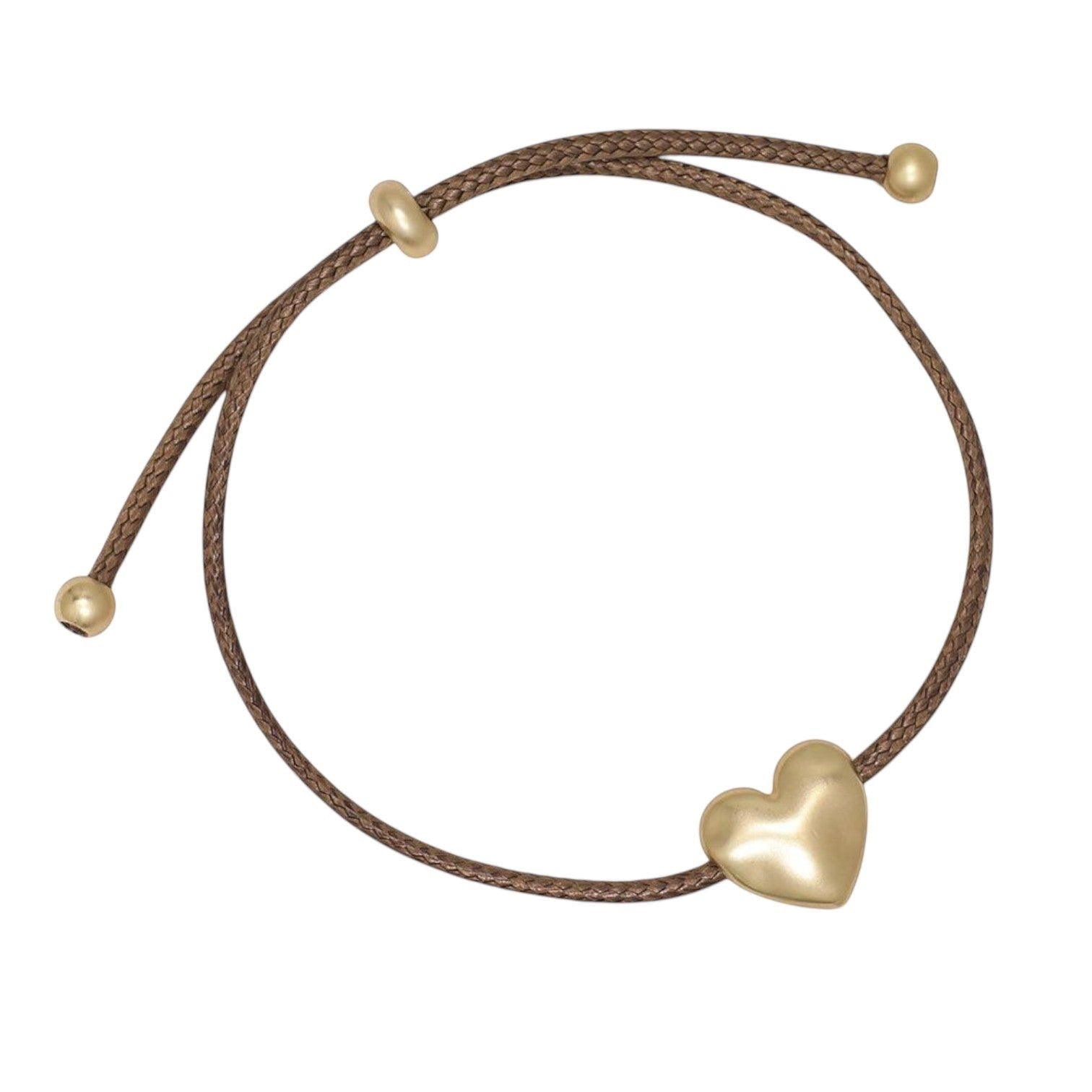 Mellow Monkey gold heart charm bracelet on a brown braided cord, nickel and lead-free coastal jewelry.