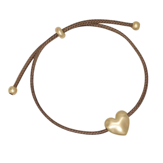 Mellow Monkey gold heart charm bracelet on a brown braided cord, nickel and lead-free coastal jewelry.