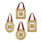 Mellow Monkey gold holly leaf photo frame ornaments with red velvet ribbons in round, oval, square, and rectangular.
