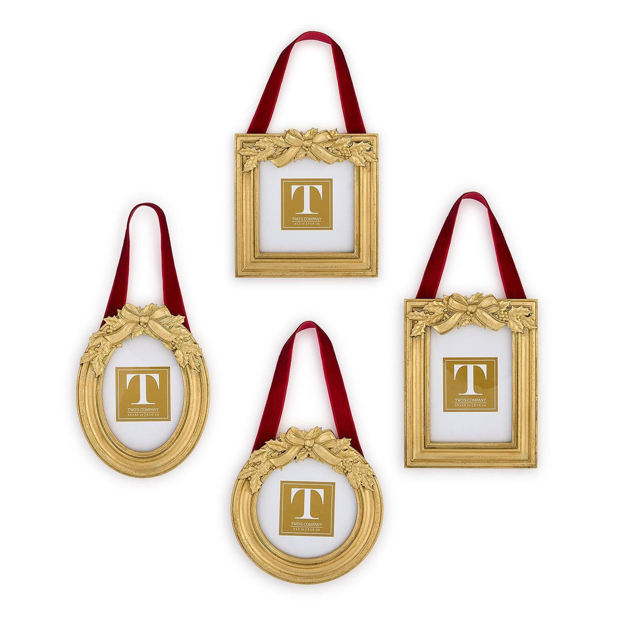 Mellow Monkey gold holly leaf photo frame ornaments with red velvet ribbons in round, oval, square, and rectangular.