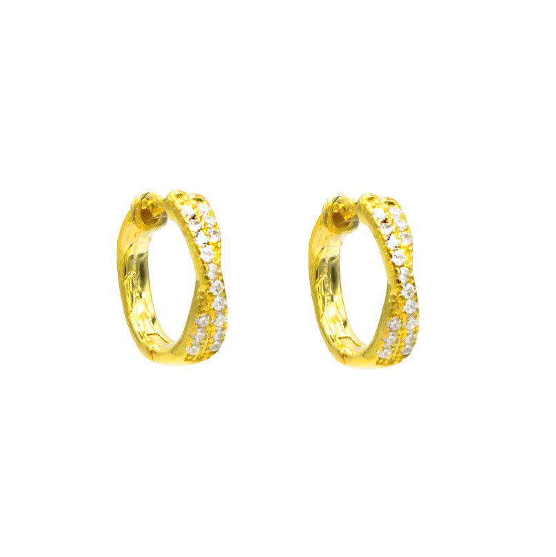 Mellow Monkey 18k gold plated hoop earrings with pave cubic zirconia stones. Small, lightweight, and sparkly.