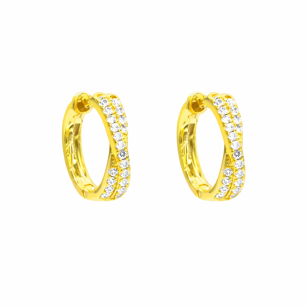 Mellow Monkey Glow and Twist Hoops: 18k gold plated hoop earrings with cubic zirconia accents, featuring a twisted design.