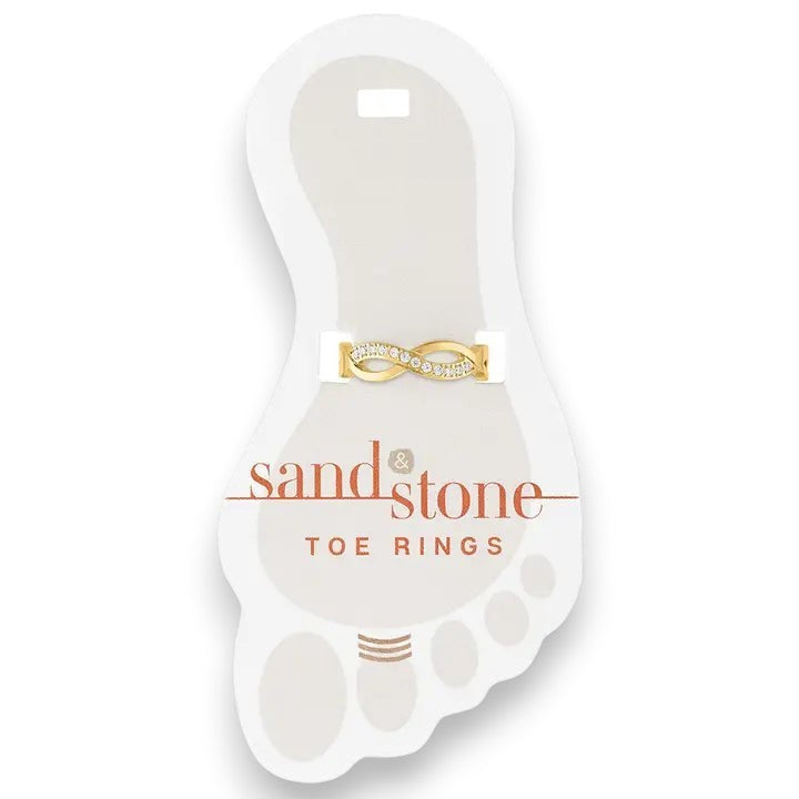 Mellow Monkey gold infinity toe ring with cubic zirconia accents, made of stainless steel.