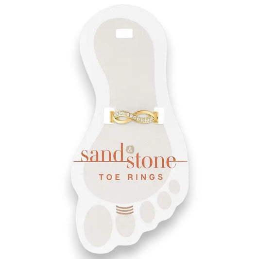 Mellow Monkey gold infinity toe ring with cubic zirconia accents, made of stainless steel.