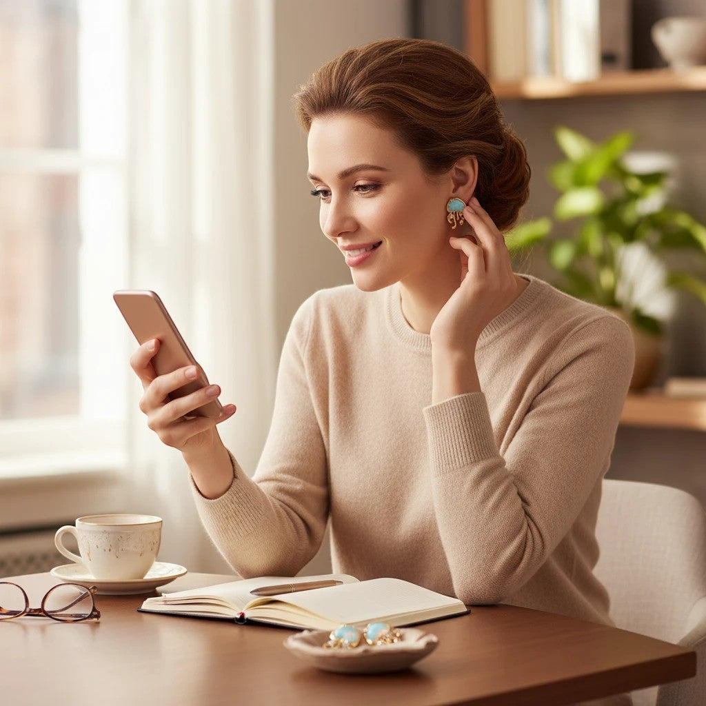 Woman wearing Mellow Monkey gold jellyfish earrings with AB aqua accents while looking at her smartphone.