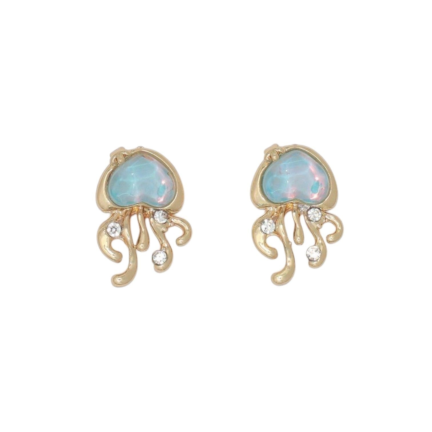 Mellow Monkey gold jellyfish stud earrings with iridescent AB aqua heart-shaped stones and clear crystal accents.