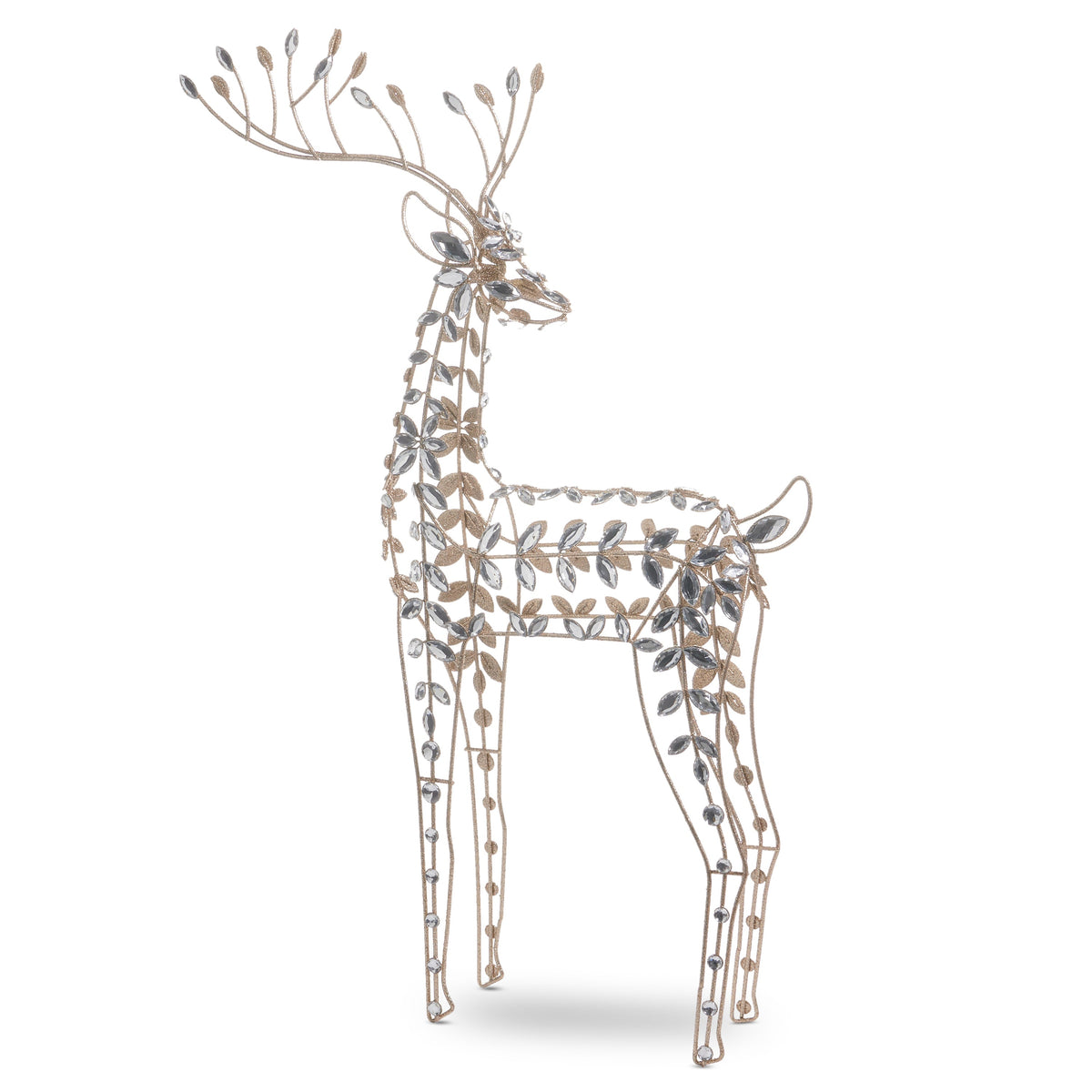 Mellow Monkey 27-inch standing deer figurine in gold metal with sparkling jeweled leaf accents for holiday decor.