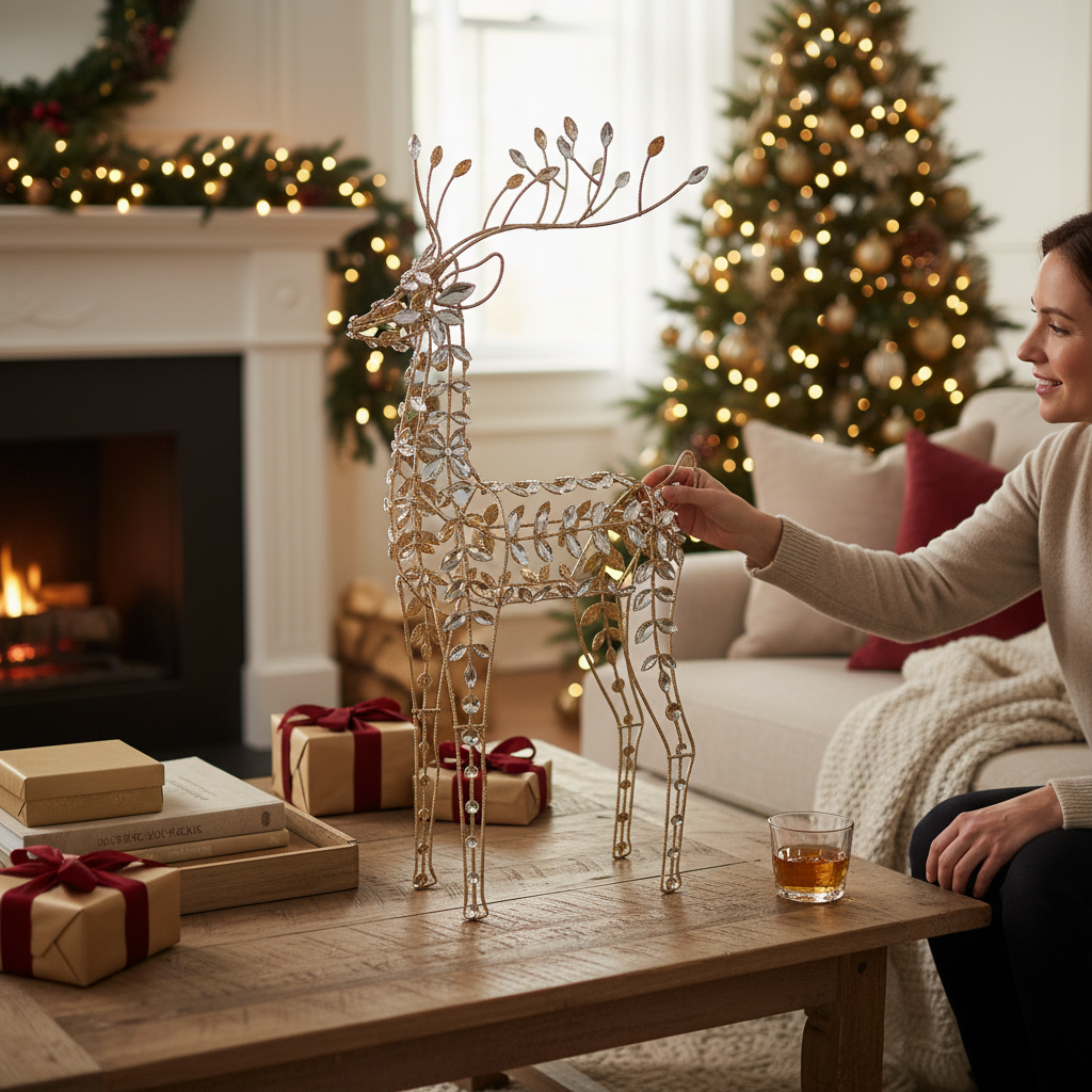 Mellow Monkey 27-inch gold standing deer decoration with jeweled accents displayed on a living room coffee table.