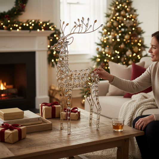 Mellow Monkey 27-inch gold standing deer decoration with jeweled accents displayed on a living room coffee table.